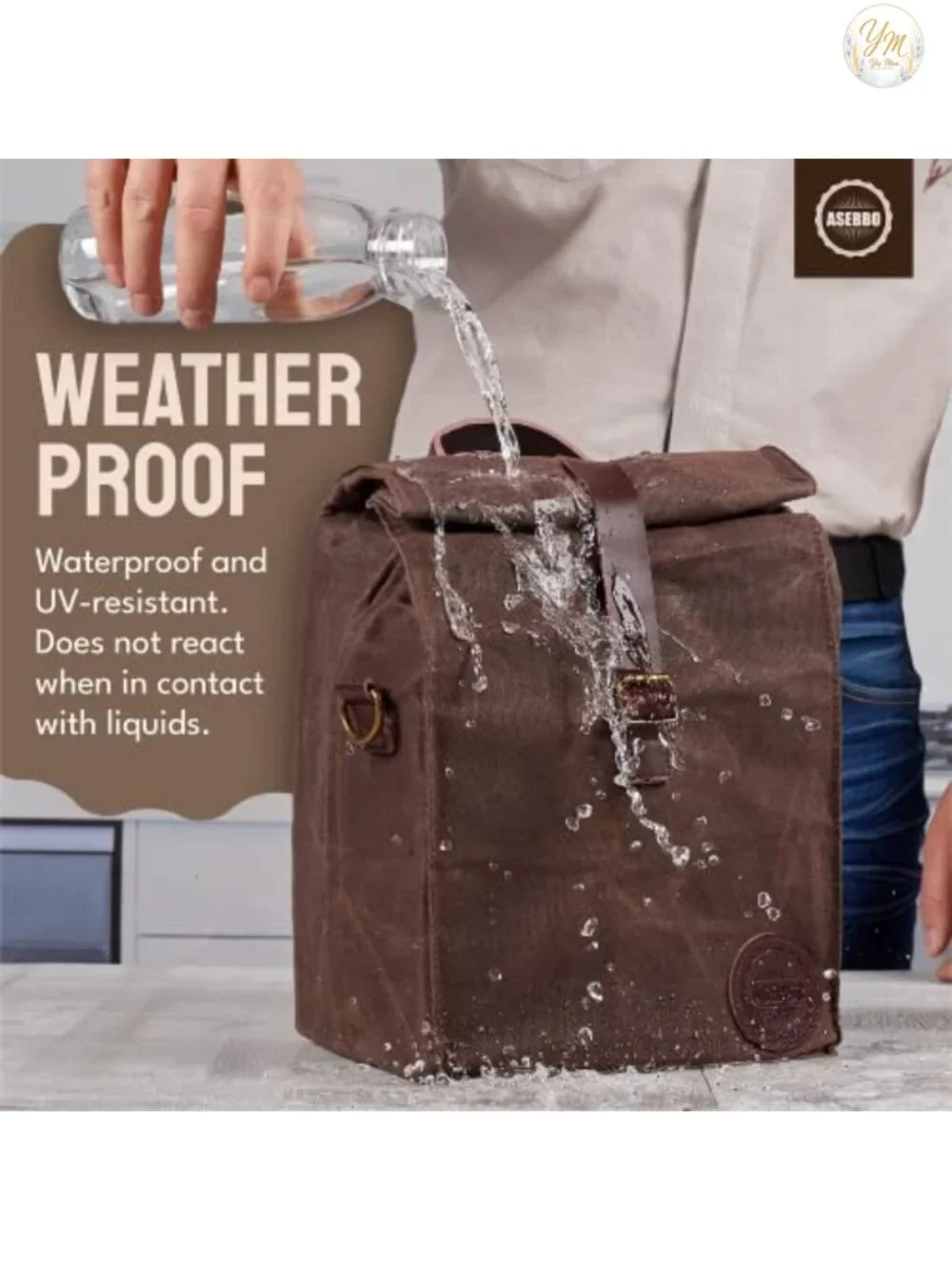 Waxed Canvas Insulated Lunch Bag 10L with Leather Details & Adjustable Shoulder